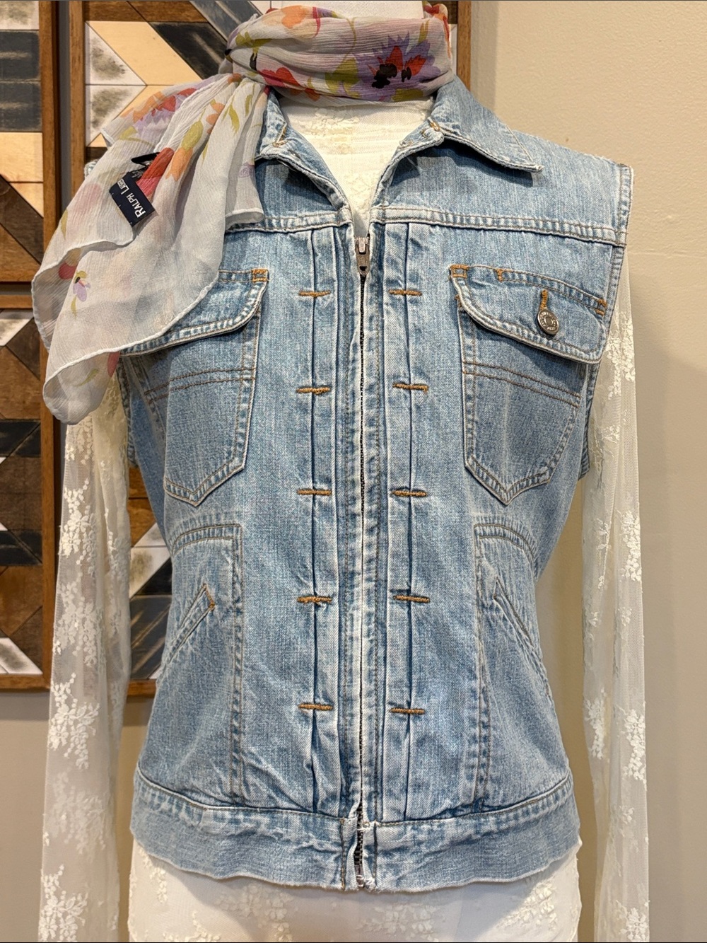 Vintage Ralph Lauren Country 90s Light Blue Distressed Denim Zip Front Vest M